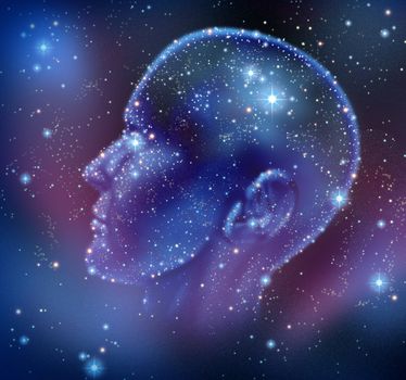 Human inspiration and creative intelligence with a constellation of bright stars in space in the shape of a human head illuminated on a night sky as a brain function neurology health care symbol.