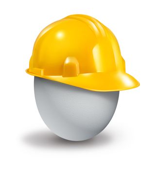 Health insurance protection symbol and managing risk and physical care concept with a yellow plastic hard hat protecting a fragile white egg from injury and accidents.