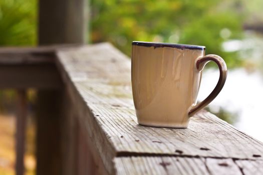 Brown mug standing outdoors on wood 