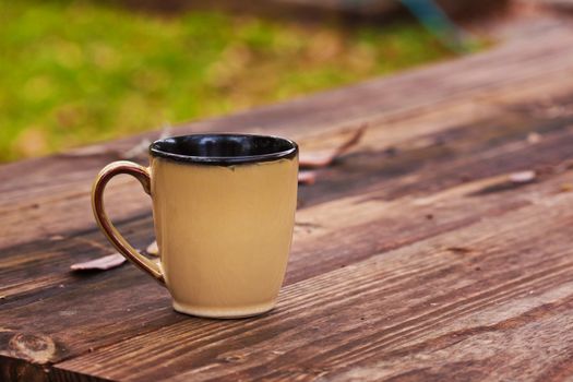 Brown mug standing outdoors on wood 