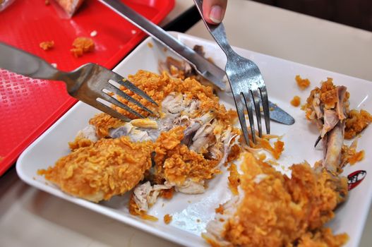 A process of cutting of chicken fried