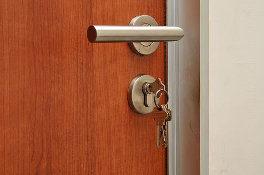 Modren style door handle on natural wooden door