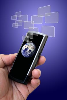 Hand holding mobile phone with earth globe
