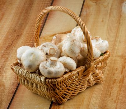 Basket with Perfect Big Raw Champignons closeup on Wooden background