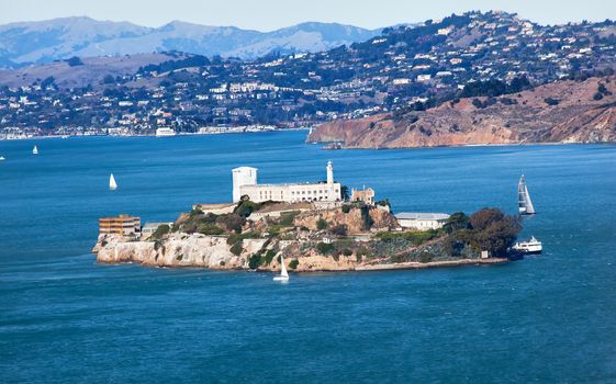 Alcatraz Island Sailboats from Coit Tower San Francisco California on Telegraph Hill.