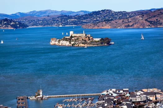 Fisherman's Wharf Alcatraz Island Sailboats from Coit Tower San Francisco California on Telegraph Hill.  Trademarks obscured.