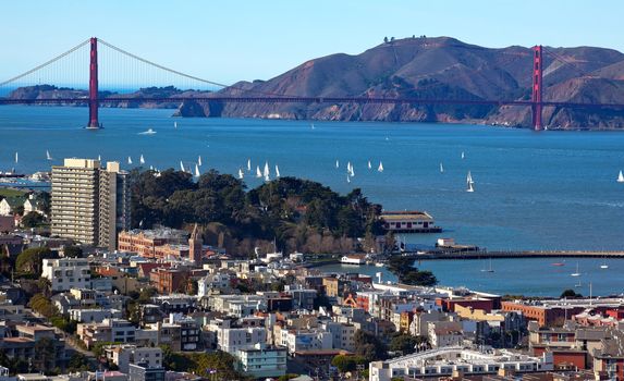 Golden Gate Bridge Sailboats from Coit Tower San Francisco California on Telegraph Hill.