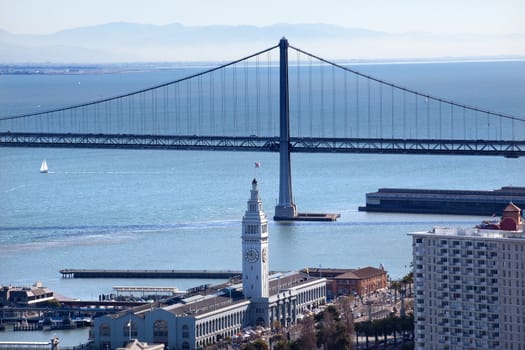 Bay Bridge and Ferry Terminal from Coit Tower San Francisco California on Telegraph Hill.