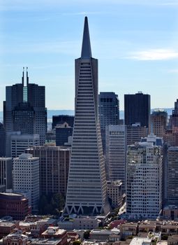 Cityscape, Buildings, Transamerica Pyramid from Coit Tower San Francisco California on Telegraph Hill.