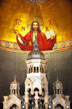 Interior Saint Peter and Paul Catholic Church Completed 1924 San Francisco California.  Christ the Pantocrator, Christ the All Powerful, in the Background by Ettore and Giuditta Serbaroli