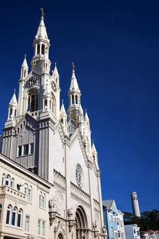 Saint Peter and Paul Catholic Church Steeples Coit Tower Houses San Francisco California