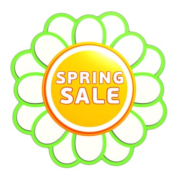 spring sale banner - 3d green orange flower label with white text, business concept