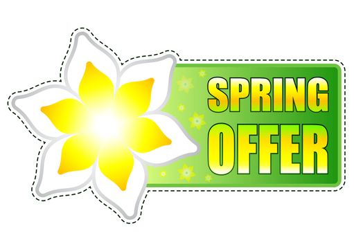 spring offer banner - text in green label with white yellow flowers, business concept