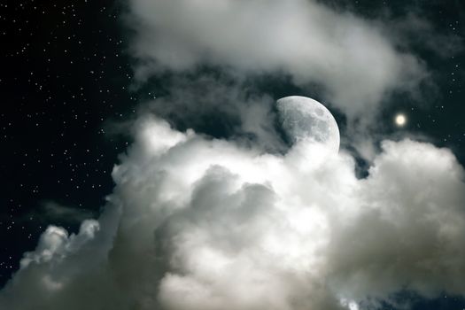 Moon on a background of the star sky and clouds