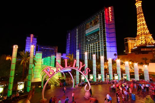 Las Vegas, USA - May 22, 2012: Bally's Las Vegas is a hotel and casino on the famous Las Vegas Strip.  Seen here is the entrance off Las Vegas Boulevard illuminated by colorful lighting.
