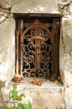 vintage decorative wrought iron on old building