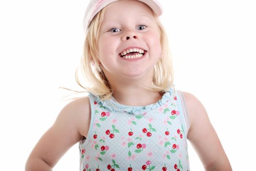 cute little girl jumping on white background