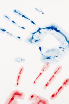 Blue and red hand-print shape over white background