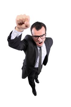screaming businessman pointing his hand up, isolated on white