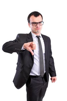 negative business man showing thumbs down, against white