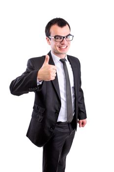 positive business man showing thumbs up, against white