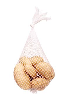 bunch fresh potatoes in a white mesh bag