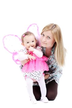 mother with her baby girl in pink butterfly outfit