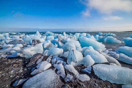 Beautiful beach in the South of Iceland with a black lava sand is full of icebergs from glaciers not far away.