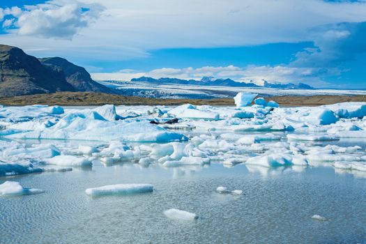 Beautiful photo of Fjallsarlon Glacial lake full of floating icebergs near the Fjallsjokull glacier