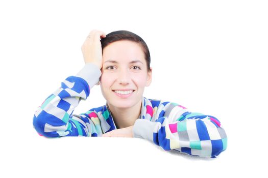 happy girl holding white styrofoam, against white