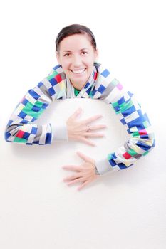 happy girl holding white styrofoam, against white