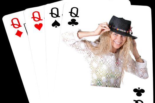pokerhand 4 queens on black background
