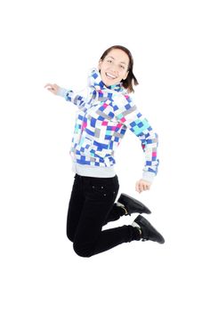 happy girl jumping isolated on white background