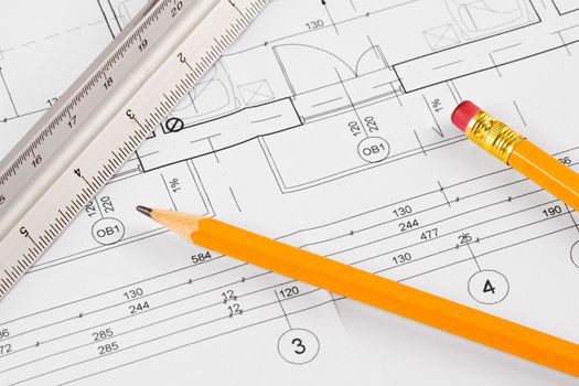 Architectural concept drawing, pencil and scale ruler, workplace