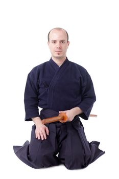 kendo fighter with bokken isolated on white