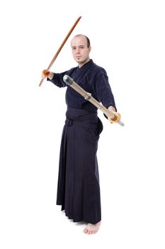 kendo fighter with bokken and shinai isolated on white