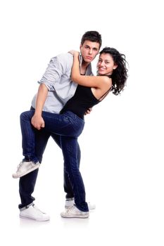 young couple dancing pose, isolated on white