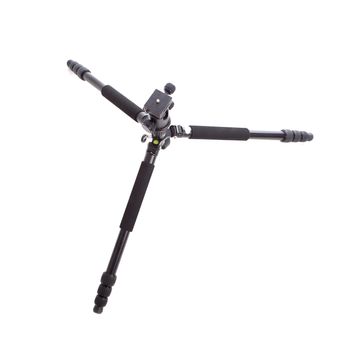 professional adjustable black camera tripod, isolated on white