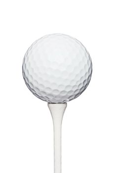 professional golf ball on a wooden tee, against white background