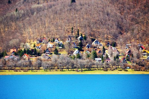 view of a settlement next to the Mavrovo Lake in Macedonia