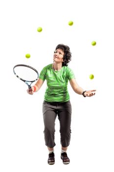 Casual female tennis juggler isolated on white background