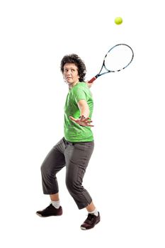 Casual female tennis player isolated on white background