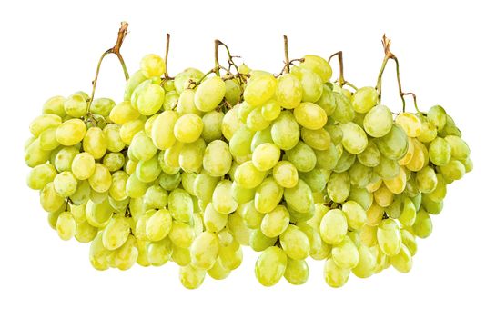 Bunch of ripe green grapes hanging against white background