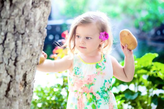 playful little girl with a potatoes in her hands