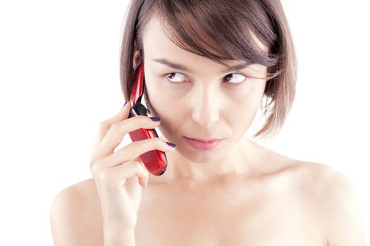 female beauty facial portrait of a Caucasian model talking on the phone