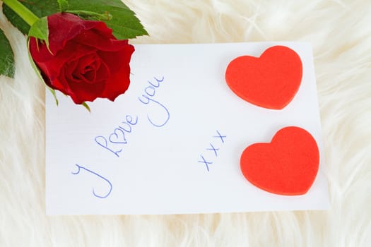 Romantic note: I love with red rose and hearts