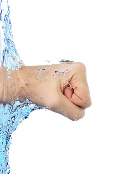 male fist through water, against white background
