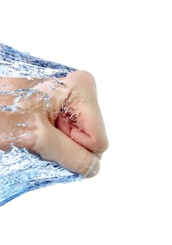 male fist through water, against white background