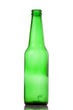 empty open green beer bottle isolated on white