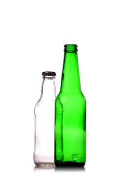 empty open green beer bottles isolated on white